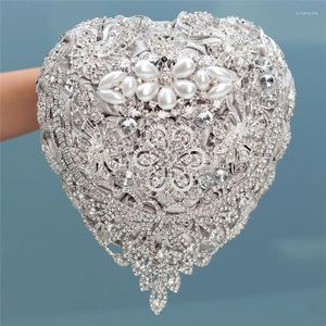 Hochzeitsblumen, 18 cm, silberfarben, luxuriös, Strass, voller Diamanten, Brautsträuße, herzförmiger Blumenstrauß, künstliche Blume W520