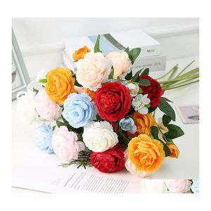 Couronnes de fleurs décoratives 3 têtes de pivoine fleur artificielle tissu de soie pivoines blanc rose orange vert rouge décor de mariage Drop Deli Dhap1