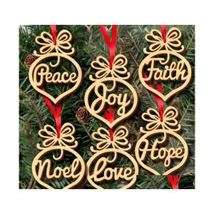 Party Favor Year Christmas Ornaments Natural Wooden Pendant Hanging Gifts Xmas Tree Decor Home Decorations Peace Hope Faith Drop Del Dhbzc