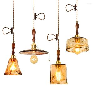 Pendelleuchten IWHD Vintage Holz Kupfer Leuchten verstellbare Café Bar Schlafzimmer Bernstein Glas japanischen Stil Edison Hängelampe LED