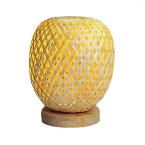 Night Lights Rustic Bamboo Weaving Table Lamp Home Decor With Wood Base Decorative Desk Reading Light For Bedroom Bookcase Living Room