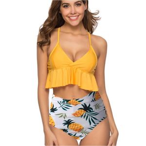 Damen-Bademode, sexy Strandmode, Push-up-Sommer-Rüschenoberteil, zweiteiliger geteilter Badeanzug, hoher Taillen-Bikini, gepolsterter Badeanzug, Sling