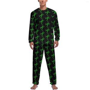 Mäns sömnkläder grön groda tryck pyjamas långa ärmar hoppande djur 2 stycken sömn pyjama set vinter manlig mönster trendig nattkläder