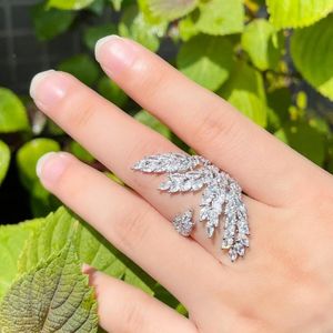 Wedding Rings ThreeGraces Sparkling Marquise Cut Cubic Zirconia Feather Shape Big Adjustable Opening For Women Chic Party Jewelry R176