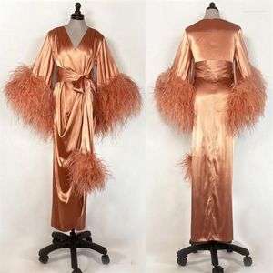 Bridesmaid Dress Gorgeous Feather Wedding Sleepwear With Belt Soft Silk Satin Night Gown For Women Long Sleeves Custom Made Woman Pajamas