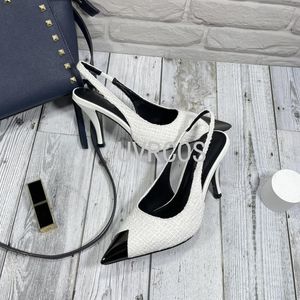 Sandaler 2023 Spring Metal pekade höga klackar Kvinnors stilett Enkel skor Back Strap Mid-Heeled Fashion Brand Designer