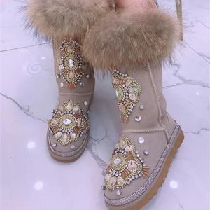 Boots Customized Heavy Industry Tide Brand Beaded Rhinestone Cow Suede Upper Lining Wool Ladies Warm Ball Snow