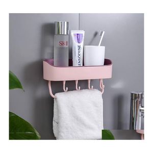 Badezimmerregale Kunststoff Punch Wandbehang Rack Selbstklebende Seife Shampoo Halter Lagerung mit 4 Kleiderbügel RRD12571 Drop Lieferung nach Hause Otqlx