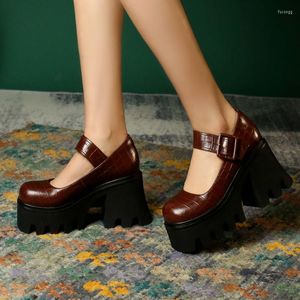 Kleiderschuhe Frühling Frauen hohe Keile Absätze 8,5 cm Retro Mary Janes mit Plattform quadratische Zehenpumpen Dicke Größe 35-44 OURYYYOGO