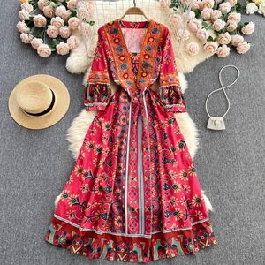 Casual Dresses 2023 Women Dress Summer Boho Vacation Long Sundress Retro Floral Print V Neck Puff Sleeve A-line Vestidos Longo