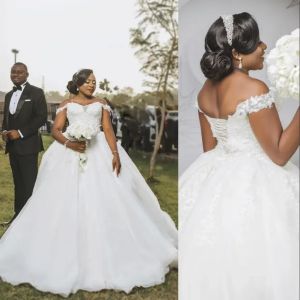 A Line Wedding Dresses Sexy Off the Shoulder Lace Appliques Crystal Beads Bridal Gowns Sweep Train Corset Back Plus Size vestido de