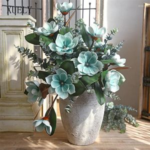 Flores decorativas Luxo de 3 cabeças de 3 cabeças de 3 cabeças reais pintadas à mão Big Magnolia Home Room Living Witch Decor artificial europeu 71cm