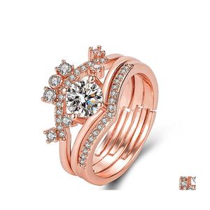 Band Rings Fashion And Exquisite Opening Rose Gold Plated Crown Set Ring Inlaid Zircon Threepiece Double Party Gift Jewelry Drop Deli Dhgzp