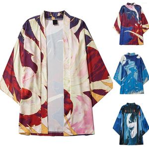 Men's Casual Shirts Men Loose Anime Kimono Open Front 3/4 Sleeve Japanese Style Print Cover Up Cardigan Shirt Camisa Hombre