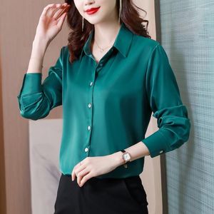 Kvinnors blusar Urban Elegant Smooth Satin Shirt Autumn 2023 Raffinerad stil Solid Color Runway långärmad Slim Office Lady Designer Tops