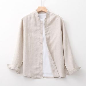 Men's Jackets Summer Casual Style Plain Loose Linen Long Sleeve Cotton Shirt Cardigan Thin Stand Collar