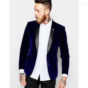 Men's Suits 2023 Dark Blue Velour Slim Fit Men Suit Set Groom Tuxedos Velvet Prom Performance Skinny Smart Casual Terno (Jacket Pants)