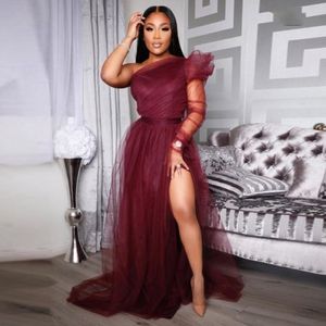 Burgundy Party Gowns Tulle abiye One Shoulder High Slit Evening Dress Sleeve Vestido Longo robe de soiree Evening Dresses