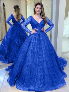 Casual Dresses 2023 Red Sparkle Ball Gown Wedding Dress Luxury Spangle Lace Long Sleeve V-Neck Bridesmaids Robes Formal Vestidos De Noche