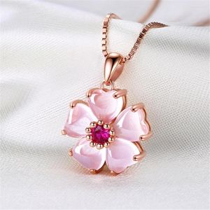 Hänge halsband söta söta kvinnliga rosa kristallblomma halsband charmiga damer bröllop klavikel kedja mode party smycken flicka gåva