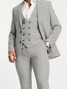 Customize tuxedo Houndstooth Handsome Peak Lapel Groom Tuxedos Men Suits Wedding/Prom/Dinner Man Blazer Jacket Pants Tie Vest W1226