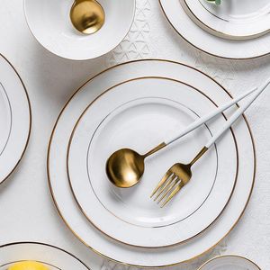 Plates Golden Stroke White Dinner Set And Dishes Nordic Simple Ceramic Bowls Fruit Salad European Kitchenware