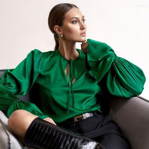 Kadınlar Blouses 2023 Bahar Yeşil Noel Gündelik Moda Dantel Yukarı Yay Bluz Ladies Saten Üstler Sokak Giyim Zarif Gömlekler Günlük Ritüel