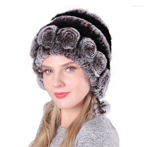 Berets Winter Fashion Women Lady Warm Flowers Striped Real Fur Hat Caps Kniting Female Snow