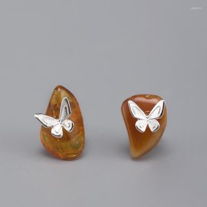 Stud Earrings Vintage Irregular Amber For Girls 2023 Ethnic 925 Sterling Silver Butterfly Small Piercing Women Jewelry