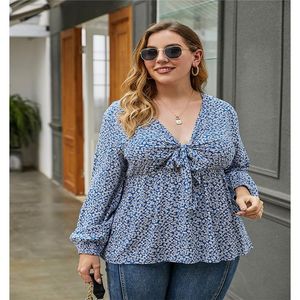 Camicette da donna Camicie Primavera Donna Scollo a V Taglie forti Camicetta stampata casual Camicia estiva da donna Baggy Bandage Stampa Lady Bishop Sleeve P