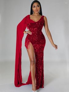 Casual Dresses Luxury Formal Evening For Women 2023 Elegant V-neck Sleeveless High Slit Sequins Tassels Long Maxi Party Dress Red Black