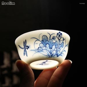 Cups Saucers NOOLIM 80ml Jingdezhen Ceramic Teacup Hand Painted Lotus Small Tea Bowl Blue And White Porcelain Master Cup Drinkware