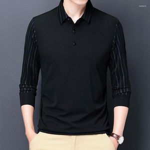 Camisas casuais masculinas Mercerizadas algodão listrado de manga longa idosos idosos do pai Três botões de colar outono do colarinho outono