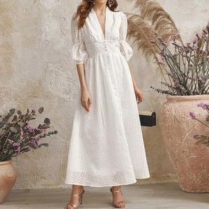 Sukienki swobodne proste 2023 Moda jesień biała powrót do domu Kobiety eleganckie high talia vestido lady ukończenie szaty balus