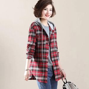 Kvinnors blusar 2023 Autumn Woman Plaid Jackets skjortor Vintage långärmad lös huva för kvinnor vinter femme blus