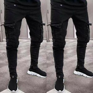 Jeans da uomo Uomo Denim Skinny Biker Pantaloni cargo tascabili slim fit sfilacciati strappati Hip Hop da uomo