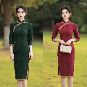Etnik Kıyafet Retro Çinli Kadın Cheongsam Orta Uzunluk Pamuk Dantel Trim Qipao Düz Elbiseler Seksi İnce İnce Split Çatal Mandarin Yakası Elbise