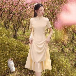 Etniska kläder kvinnor gula long cheongsam sommar elegant a-line förbättrad klänning kinesisk stil vintage qipao s till xxl