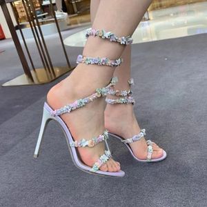 Kristal Dekorasyon Sandalet Rene Caovilla Stiletto Kadın Gece Elbise Ayakkabıları 9.5cm Mor Çiçekler Serpantin Sargısı Lüks Tasarımcı Kadın Yüksek Topuklar35-43