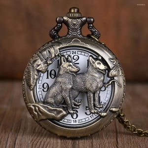 Taschenuhren 10 Stück Retro Bronze Hund Wolf Hohl Quarzuhr mit Halskette Kette Unisex coole Anhänger Uhr klassisch für Frauen Männer Geschenk