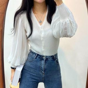 Women's Blouses Women White Blouse Korean Chic Knitted Fashion Vintage Lantern Sleeve Sexy V Neck Tops Buttons Women's Shirts 22260