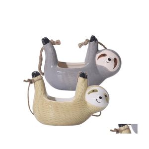 Planters Pots Ceramic Sloth Hanging Succent Planter Cute Animal Small Plant Pot For Cactus Air Plants Flowers Herbs Garden Decorat Dhj51