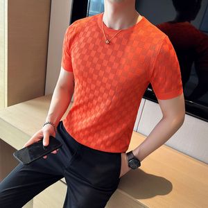 Men's T-Shirts British Style Summer Men Round Neck Embroidered T-Shirt Stretch Plaid Slim Fit Short Sleeve Knit Sweater Tee Shirt Top Homme S-3XL