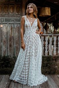 Casual Dresses Sexy A Line Wedding Dress 2023 Fashion Boho Lace Lattice V-Neck Sleeveless Robes Cocktail Party Gowns Vestidos De Fiesta