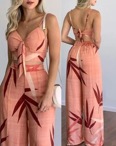 Kvinnors tvåbitar byxor Summer Womens Sexig Sexig ärmlösa rygglösa kläder Lövtryck Crop Top Wide Leg Set Long 2 uppsättningar