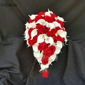 結婚式の花Eillyrosia白い赤い花嫁ブーケカラリリー滝カスケーディングブライダルブローチの涙滴ホールディ
