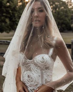 Brudslöjor Youlapan V114 Pearl Veil med Blusher 2 Tiers Cathedral White Ivory Wedding Pearls Brud Cover Face