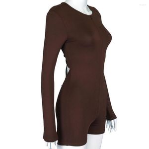 Tute da donna Tuta da donna slim fit con cerniera Camicia marrone a maniche lunghe Abbigliamento casual estivo sexy