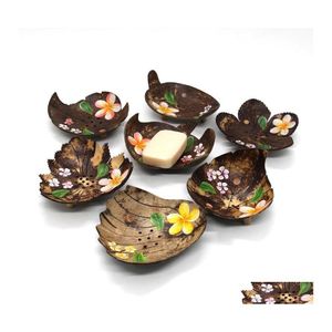 Soap Dishes Painted Flowers Creative From Thailand Retro Wooden Bathroom Coconut Shape Holder Home Accessories Drop Delivery Garden B Otnqe