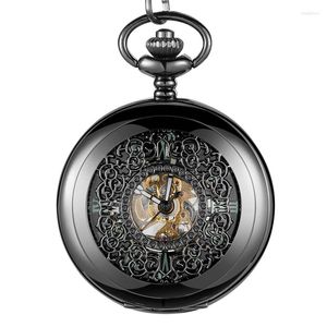 Taschenuhren, mechanische Uhr, leuchtend, hohl, schwarzes Zifferblatt, Handaufzug, Herren-Anhänger-Kollektion, Fob-Kette, Skelett-Steampunk-Uhr